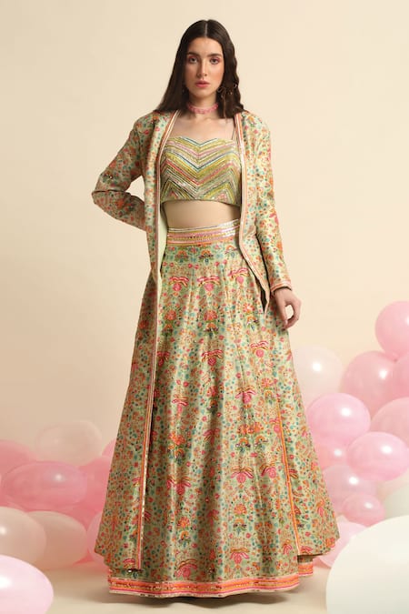 Buy Beige Silk Embroidery Open Jacket Lehenga Set For Women by Stotram  Online at Aza Fashions.