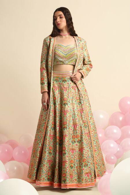 Priyanka Jain_Green Net, Dupion Silk Floral Jacket Open Embroidered Lehenga Set _Online_at_Aza_Fashions