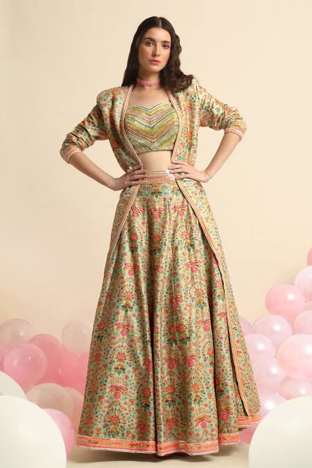 Buy_Priyanka Jain_Green Net, Dupion Silk Floral Jacket Open Embroidered Lehenga Set _Online_at_Aza_Fashions