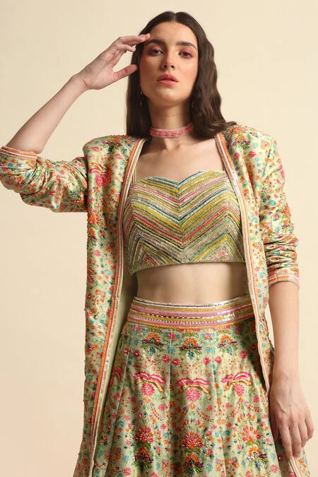 Shop_Priyanka Jain_Green Net, Dupion Silk Floral Jacket Open Embroidered Lehenga Set _Online_at_Aza_Fashions