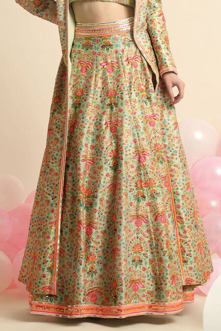 Priyanka Jain_Green Net, Dupion Silk Floral Jacket Open Embroidered Lehenga Set _at_Aza_Fashions