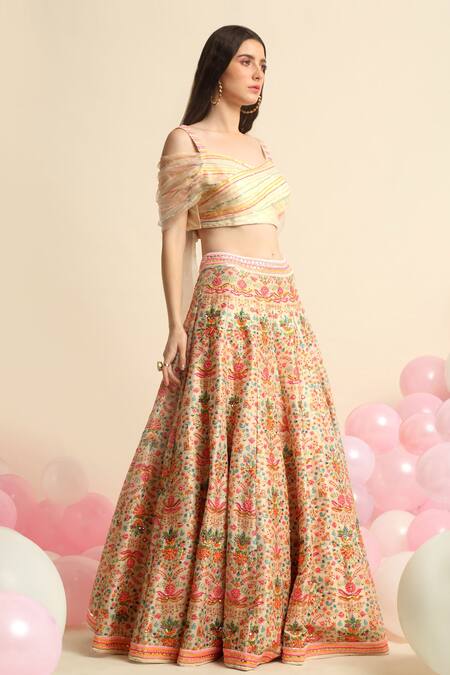 Priyanka Jain_White Organza, Dupion Silk Floral Sweetheart Embroidered Lehenga And Blouse Set _Online_at_Aza_Fashions