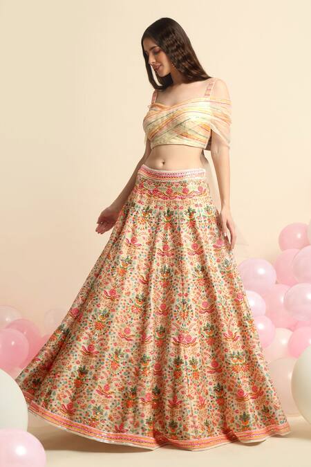 Buy_Priyanka Jain_White Organza, Dupion Silk Floral Sweetheart Embroidered Lehenga And Blouse Set _Online_at_Aza_Fashions