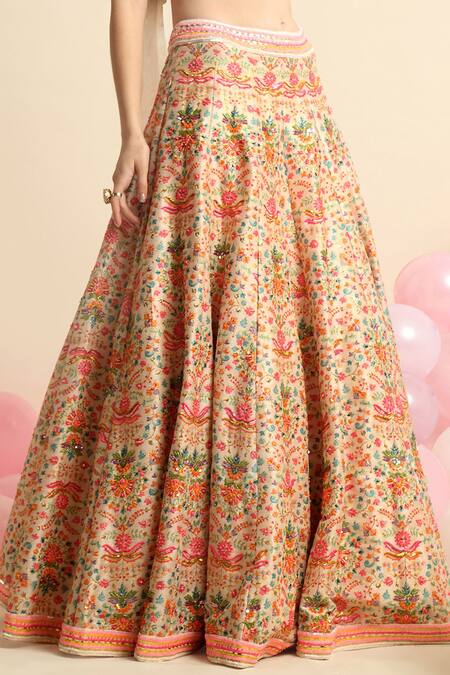 Priyanka Jain_White Organza, Dupion Silk Floral Sweetheart Embroidered Lehenga And Blouse Set _at_Aza_Fashions