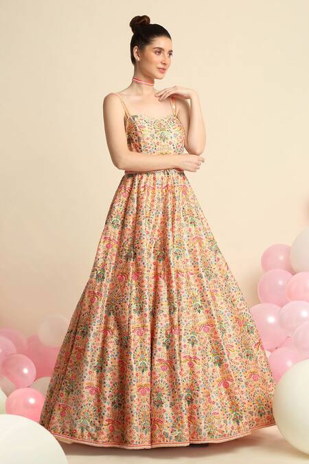 Priyanka Jain_Peach Dupion Silk Floral Sweetheart Neck Embroidered Gown _Online_at_Aza_Fashions