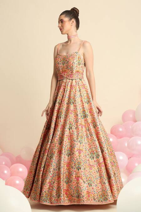 Buy_Priyanka Jain_Peach Dupion Silk Floral Sweetheart Neck Embroidered Gown _Online_at_Aza_Fashions