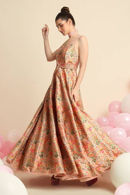 Shop_Priyanka Jain_Peach Dupion Silk Floral Sweetheart Neck Embroidered Gown _Online_at_Aza_Fashions