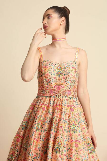 Priyanka Jain_Peach Dupion Silk Floral Sweetheart Neck Embroidered Gown _at_Aza_Fashions