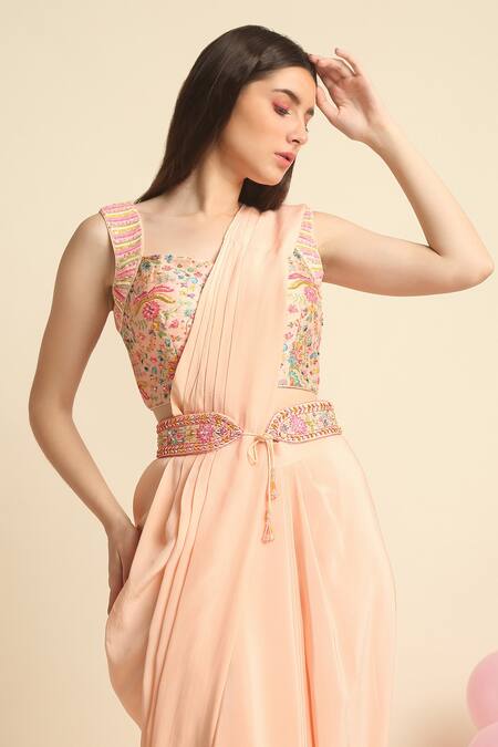 Shop_Priyanka Jain_Peach Dupion Silk Embroidered Floral Sweetheart Pre-draped Saree With Blouse _Online_at_Aza_Fashions