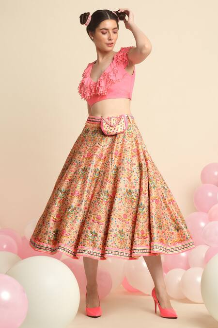 Priyanka Jain Peach Dupion , Crepe Floral V Neck Embroidered Skirt Set Online at Aza Fashions Priyanka Jain_Peach Dupion , Crepe Floral V Neck Embroidered Skirt Set _Online_at_Aza_Fashions