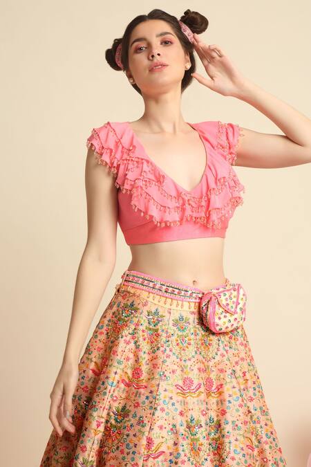 Shop Priyanka Jain Peach Dupion , Crepe Floral V Neck Embroidered Skirt Set Online at Aza Fashions Shop_Priyanka Jain_Peach Dupion , Crepe Floral V Neck Embroidered Skirt Set _Online_at_Aza_Fashions