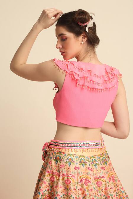 Priyanka Jain Peach Dupion , Crepe Floral V Neck Embroidered Skirt Set at Aza Fashions Priyanka Jain_Peach Dupion , Crepe Floral V Neck Embroidered Skirt Set _at_Aza_Fashions