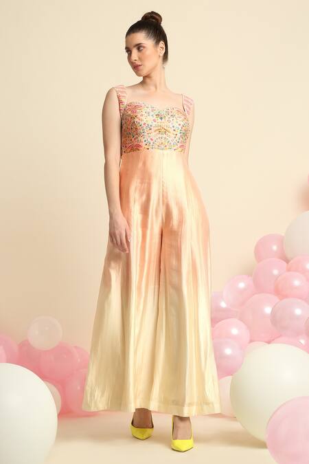 Buy_Priyanka Jain_Peach Chanderi, Dupion Floral Sweetheart Neck Sleeveless Jumpsuit _Online_at_Aza_Fashions