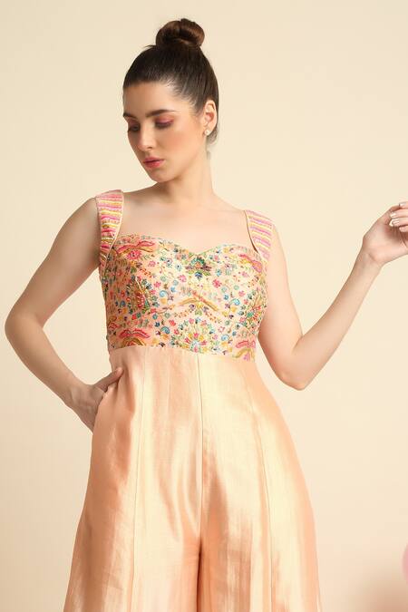 Shop_Priyanka Jain_Peach Chanderi, Dupion Floral Sweetheart Neck Sleeveless Jumpsuit _Online_at_Aza_Fashions