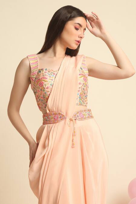 Priyanka Jain_Peach Dupion Silk Embroidered Floral Bustier Pre-draped Saree With Blouse _Online_at_Aza_Fashions