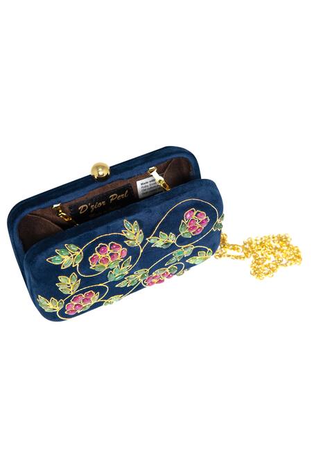 Dzior Perl_Blue Embroidery, Zari Floral Jaal Embellished Clutch _Online_at_Aza_Fashions