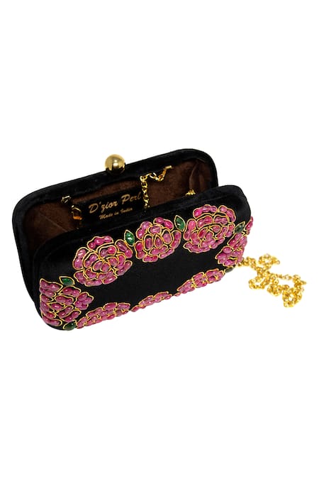 Dzior Perl_Black Embroidery, Stones Rose Motif Embellished Clutch _Online_at_Aza_Fashions