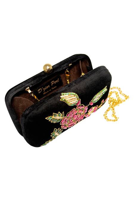 Dzior Perl_Black Embroidery, Beads Emeralds Embellished Clutch _Online_at_Aza_Fashions