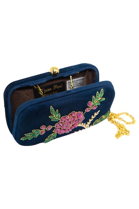 Dzior Perl_Blue Embroidery, Crystals Ruby Embellished Clutch _Online_at_Aza_Fashions