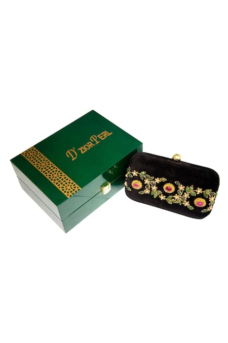 Dzior Perl Leaf Motif Embellished Velvet Clutch 