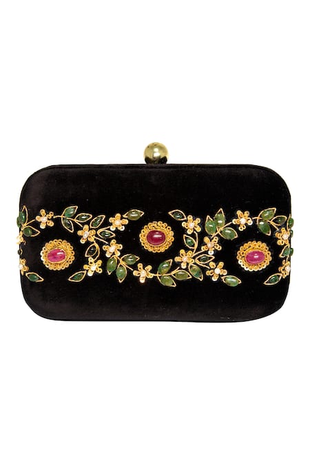 Dzior Perl Leaf Motif Embellished Velvet Clutch 