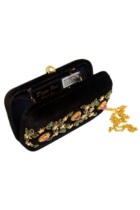 Dzior Perl Black Embroidery, Beads Leaf Motif Embellished Velvet Clutch Online at Aza Fashions Dzior Perl_Black Embroidery, Beads Leaf Motif Embellished Velvet Clutch _Online_at_Aza_Fashions