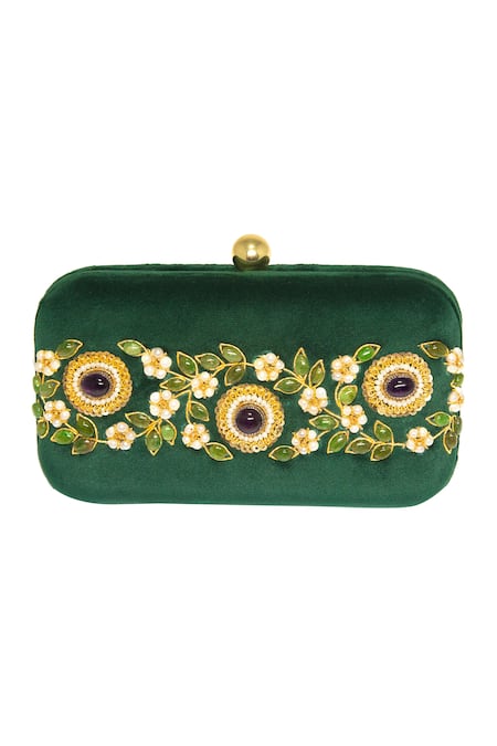 Dzior Perl Emerald Floral Embellished Velvet Clutch 