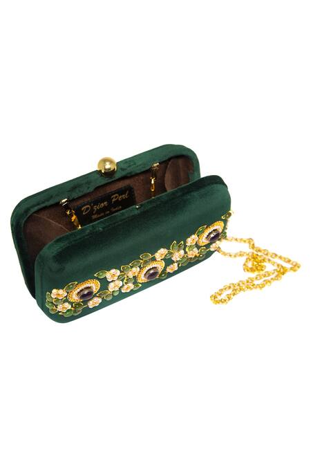 Dzior Perl_Green Embroidery, Beads Emerald Floral Embellished Velvet Clutch _Online_at_Aza_Fashions