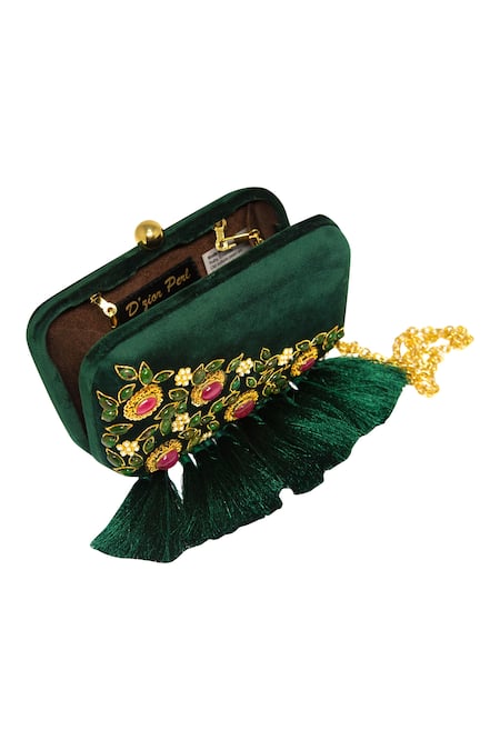 Dzior Perl_Green Embroidery Emeralds Embellished Tassel Clutch _Online_at_Aza_Fashions