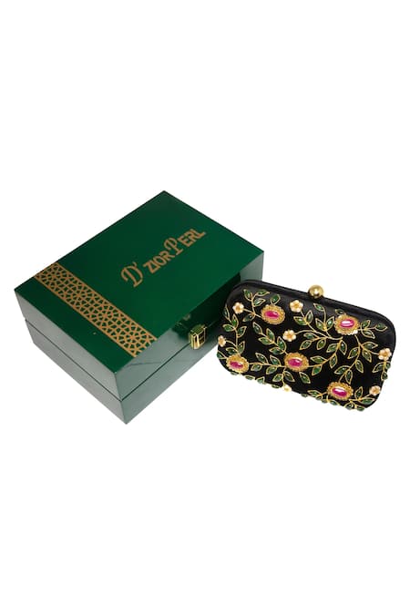 Dzior Perl Velvet Floral Jaal Embellished Clutch 