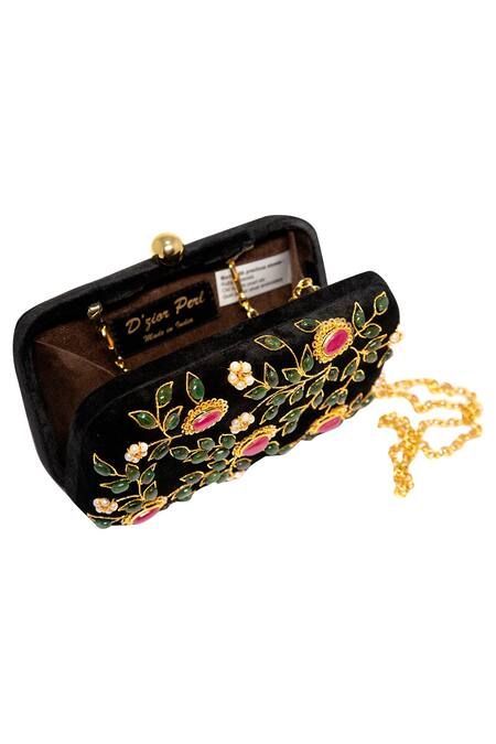 Dzior Perl Black Embroidery, Beads, Stones Velvet Floral Jaal Embellished Clutch Online at Aza Fashions Dzior Perl_Black Embroidery, Beads, Stones Velvet Floral Jaal Embellished Clutch _Online_at_Aza_Fashions