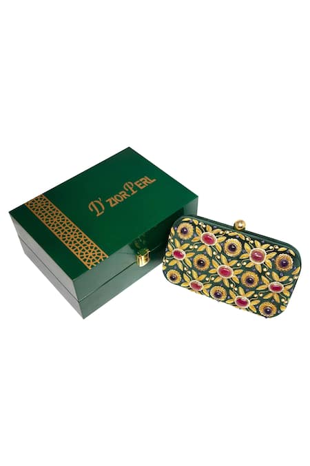 Dzior Perl Green Embellished Zari Clutch With Sling 