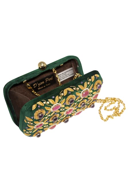 Dzior Perl_Green Embroidery, Beads Zari Embellished Clutch With Sling _Online_at_Aza_Fashions