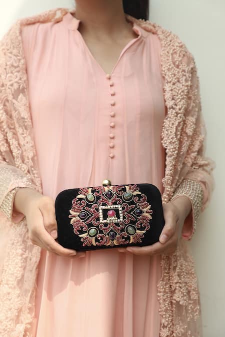 Dzior Perl Stone Embellished Velvet Clutch 