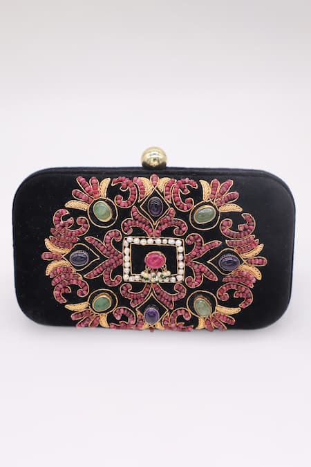 Dzior Perl Stone Embellished Velvet Clutch 