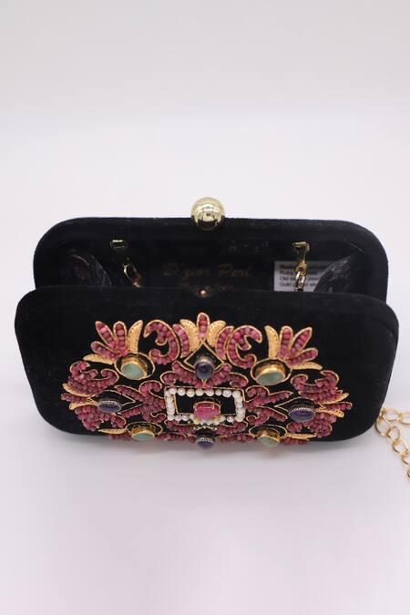 Dzior Perl_Black Pearls, Crystals Stone Embellished Velvet Clutch _Online_at_Aza_Fashions