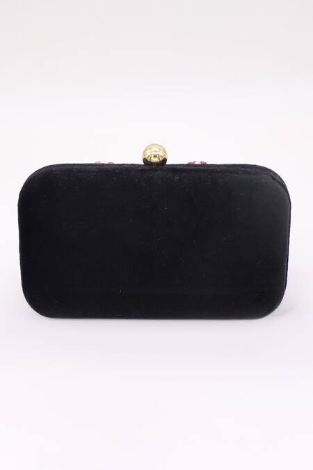 Shop_Dzior Perl_Black Pearls, Crystals Stone Embellished Velvet Clutch _Online_at_Aza_Fashions