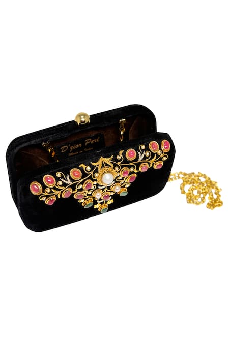Dzior Perl_Black Zari, Crystals Zambian Emerald Embellished Clutch _Online_at_Aza_Fashions