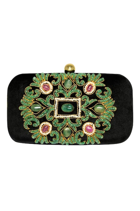 Dzior Perl Emerald Embellished Velvet Clutch 
