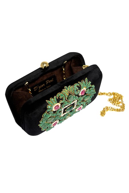 Dzior Perl_Black Embroidery, Beads Emerald Embellished Velvet Clutch _Online_at_Aza_Fashions
