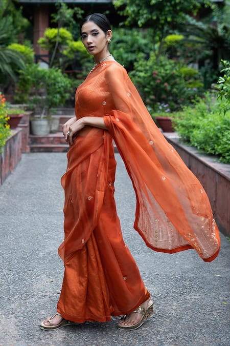 Shop_Deep Thee_Orange Silk, Organza Floral Plunge V Embroidered Saree With Blouse _at_Aza_Fashions
