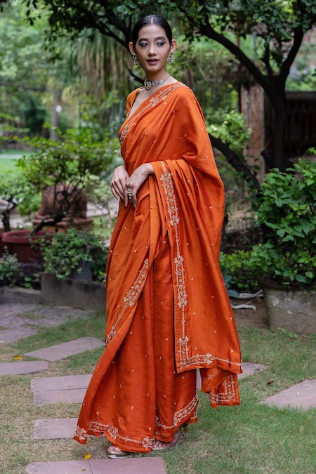 Deep Thee Orange Silk Embroidery Aari Floral Saree With Blouse 