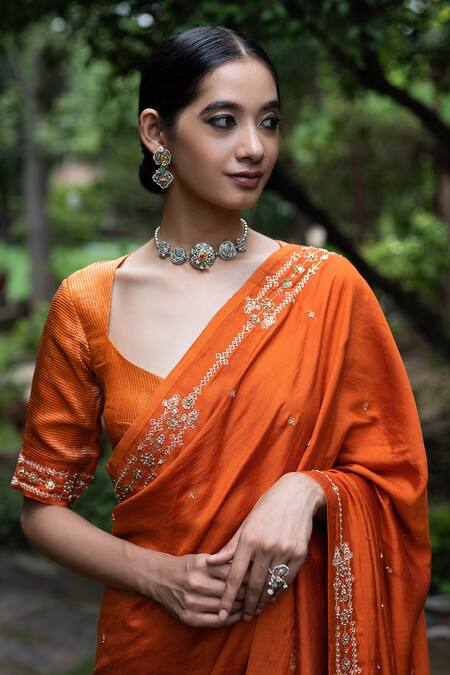 Shop_Deep Thee_Orange Silk Aari, Zardozi And Sequins Floral Embroidered Saree With Blouse _at_Aza_Fashions