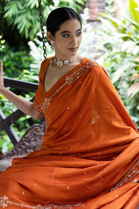 Buy Orange Vichitra Silk Saree with Dark Green Phantom Silk Blouse Online -  SREV2156 | Appelle Fashion