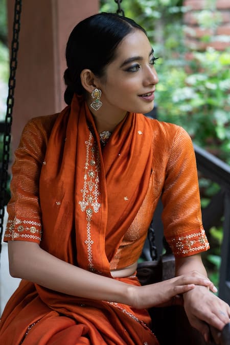 Buy_Deep Thee_Orange Silk Aari, Zardozi And Sequins Floral Embroidered Saree With Blouse _Online_at_Aza_Fashions