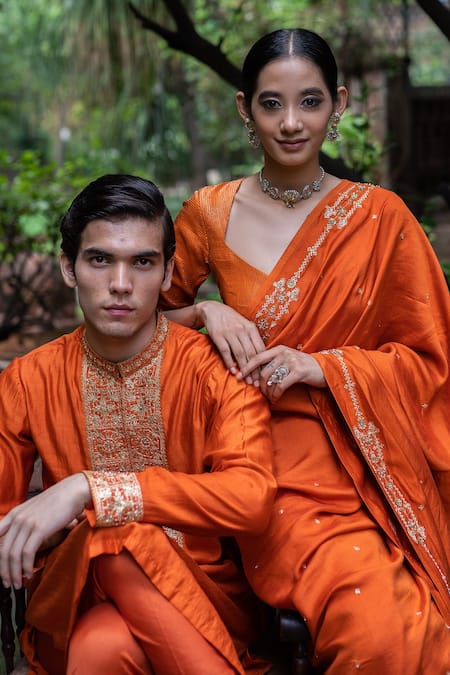 Shop_Deep Thee_Orange Silk Aari, Zardozi And Sequins Floral Embroidered Saree With Blouse _Online_at_Aza_Fashions