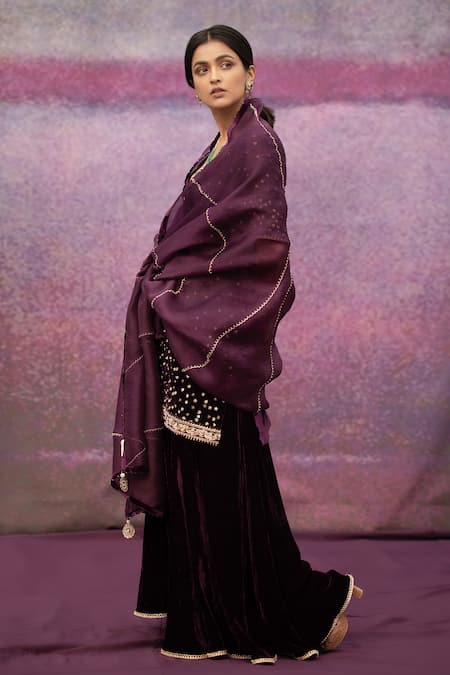 Shop Deep Thee Purple Organza, Velvet Bead , Thread V Neck Kurta Sharara Set at Aza Fashions Shop_Deep Thee_Purple Organza, Velvet Bead , Thread V Neck Kurta Sharara Set _at_Aza_Fashions