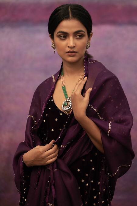 Deep Thee Purple Organza, Velvet Bead , Thread V Neck Kurta Sharara Set Online at Aza Fashions Deep Thee_Purple Organza, Velvet Bead , Thread V Neck Kurta Sharara Set _Online_at_Aza_Fashions