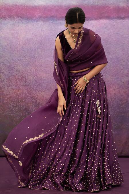 Deep Thee_Purple Silk, Organza, Velvet Bead Work, Thread Floral Embroidered Lehenga Set _Online_at_Aza_Fashions