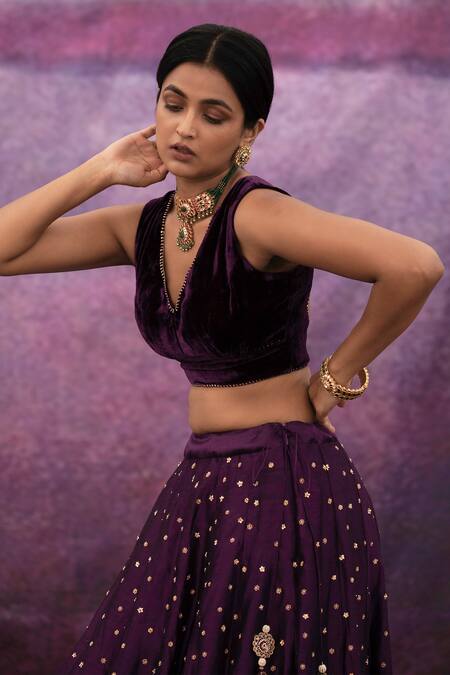 Buy_Deep Thee_Purple Silk, Organza, Velvet Bead Work, Thread Floral Embroidered Lehenga Set _Online_at_Aza_Fashions